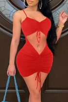 Red Sexy Solid Split Joint Draw String Fold Spaghetti Strap Pencil Skirt Dresses