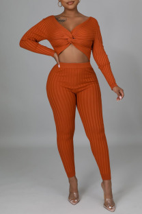 Tangerine Red Sexy Solid Split Joint Knotted V Neck Long Sleeve Two Pieces