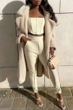 Cream White Fashion Casual Solid Cardigan Turndown Collar Outerwear