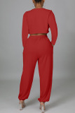 Red Casual Solid Split Joint Asymmetrical O Neck Long Sleeve Two Pieces