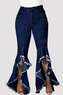 Dark Blue Fashion Casual Solid Split Joint High Waist Regular Denim Jeans