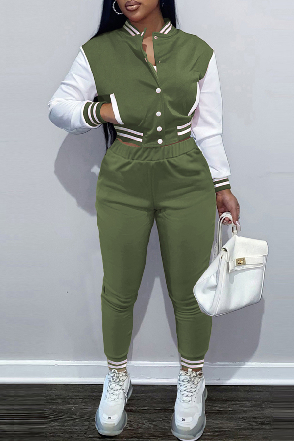 Army Green Fashion Casual Patchwork Cardigan Pants Long Sleeve Two Pieces
