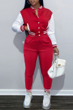 Red Fashion Casual Patchwork Cardigan Pants Long Sleeve Two Pieces