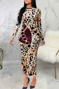 Leopard Print Sexy Print Split Joint O Neck One Step Skirt Dresses