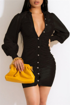 Black Fashion Casual Solid Fold Turndown Collar Long Sleeve Dresses