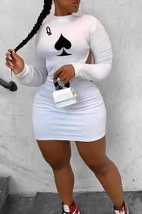 White Sexy Street Print Split Joint Backless O Neck Pencil Skirt Plus Size Dresses