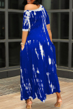 Blue Fashion Casual Lips Printed Asymmetrical Oblique Collar Short Sleeve Dress