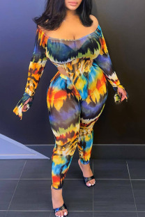 Colour Sexy Print Tie Dye Split Joint Off the Shoulder Long Sleeve Two Pieces