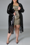 Black Elegant Solid Tassel Bandage Patchwork Sequins Plus Size Overcoat