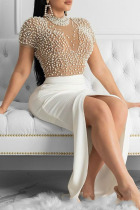 White Sexy Solid Patchwork Slit Beading O Neck Irregular Dress Dresses
