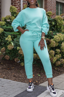 Blue Fashion Casual Solid Basic O Neck Long Sleeve Two Pieces