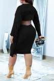 Black Casual Solid Tassel O Neck Plus Size Two Pieces