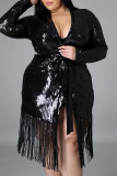 Black Elegant Solid Tassel Bandage Patchwork Sequins Plus Size Overcoat