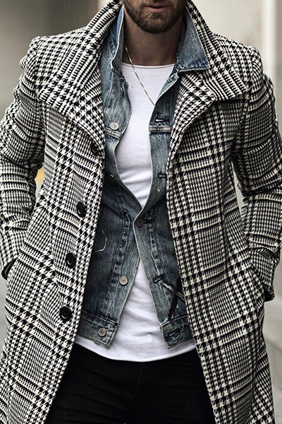 Black And White Fashion Plaid Pocket Buckle Turndown Collar Outerwear