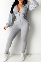 Grey Fashion Casual Solid Bandage Zipper Hooded Collar Skinny Jumpsuits