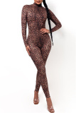 Leopard Print Fashion Casual Leopard Printing Turtleneck Skinny Jumpsuits