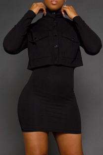 Black Sexy Solid Buckle Half A Turtleneck Long Sleeve Two Pieces