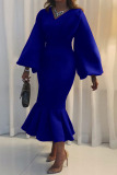 Blue Elegant Solid Split Joint V Neck Evening Dress Dresses