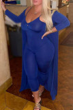 Blue Fashion Casual Solid Basic V Neck Plus Size Two Pieces