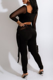 Black Fashion Patchwork Solid See-through Asymmetrical V Neck Long Sleeve Two Pieces