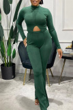 Green Fashion Casual Solid Split Joint Turtleneck Long Sleeve Two Pieces