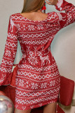 Red Fashion Casual Print With Belt O Neck Long Sleeve Dresses