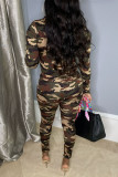 Camouflage Fashion Casual Camouflage Print Basic Zipper Collar Long Sleeve Two Pieces