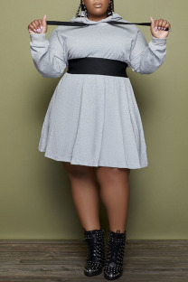 Grey Casual Solid Split Joint Hooded Collar A Line Plus Size Dresses