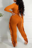 Orange Fashion Casual Solid Tassel Split Joint O Neck Long Sleeve Two Pieces