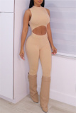 Khaki Sexy Casual Solid Hollowed Out Half A Turtleneck Skinny Jumpsuits