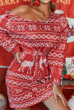 Red Fashion Casual Print With Belt O Neck Long Sleeve Dresses