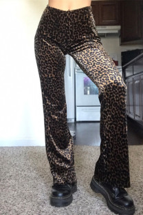 Black Fashion Casual Print Leopard Basic Regular High Waist Trousers
