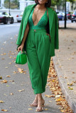 Green Fashion Casual Solid Cardigan Pants Turndown Collar Long Sleeve Two Pieces
