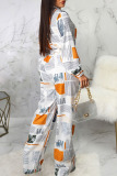 Black And White Casual Print Bandage Patchwork Buckle Turndown Collar Straight Jumpsuits