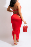 Red Fashion Sexy Solid Hollowed Out Backless Slit Halter Evening Dress