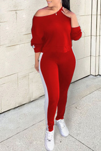 Red Casual Solid Split Joint Long Sleeve Two Pieces