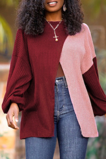 Burgundy Fashion Casual Solid Split Joint Slit O Neck Tops