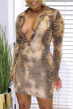 Snake Print Fashion Sexy Print Basic V Neck Long Sleeve Dresses