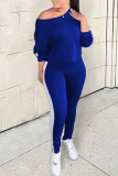 Blue Casual Solid Patchwork Long Sleeve Two Pieces