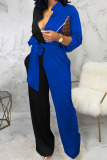 Blue Red Casual Solid Bandage Split Joint Buckle Turndown Collar Straight Jumpsuits