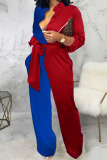 Black Red Casual Solid Bandage Split Joint Buckle Turndown Collar Straight Jumpsuits