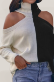 Black Gray Casual Color Block Hollowed Out Turtleneck Tops