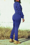 Blue Casual Solid Split Joint Fold O Neck Long Sleeve Two Pieces