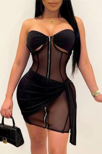 Black Fashion Sexy Patchwork Hollowed Out See-through Backless Strapless Sleeveless Dress