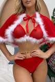 Red Sexy Party Patchwork Solid Frenulum Christmas Day Lingerie