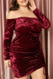 Burgundy Fashion Sexy Solid Bandage Draw String Off the Shoulder Long Sleeve Plus Size Dresses