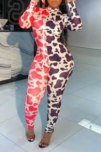 Black Red Sexy Print Patchwork Zipper Collar Regular Jumpsuits