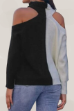 Black Gray Casual Color Block Hollowed Out Turtleneck Tops
