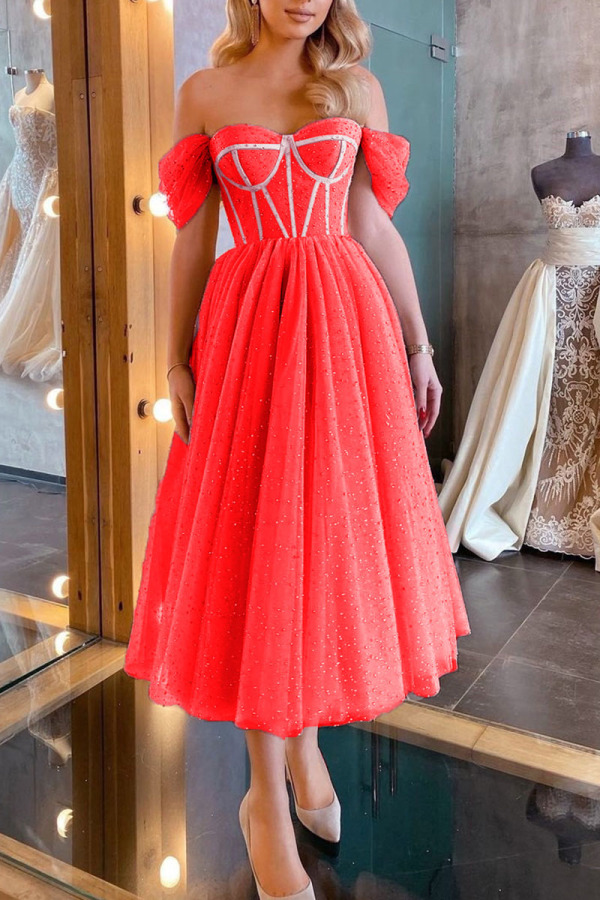 Red Sexy Elegant Solid Split Joint Strapless Evening Dress Dresses