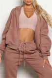 Light Brown Fashion Casual Solid Basic Hooded Collar Plus Size Two Pieces